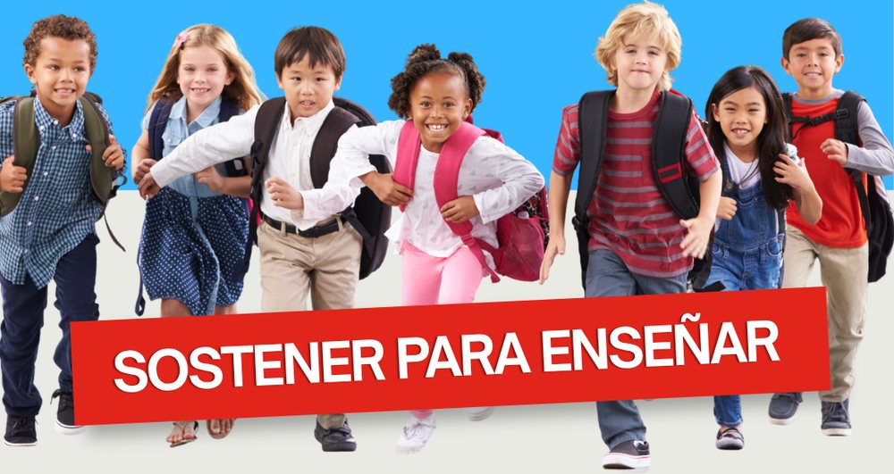 Un grupo de niños de primaria corre hacia la cámara con sus morrales; sobre la imagen, la franja roja del taller «Sostener para enseñar»